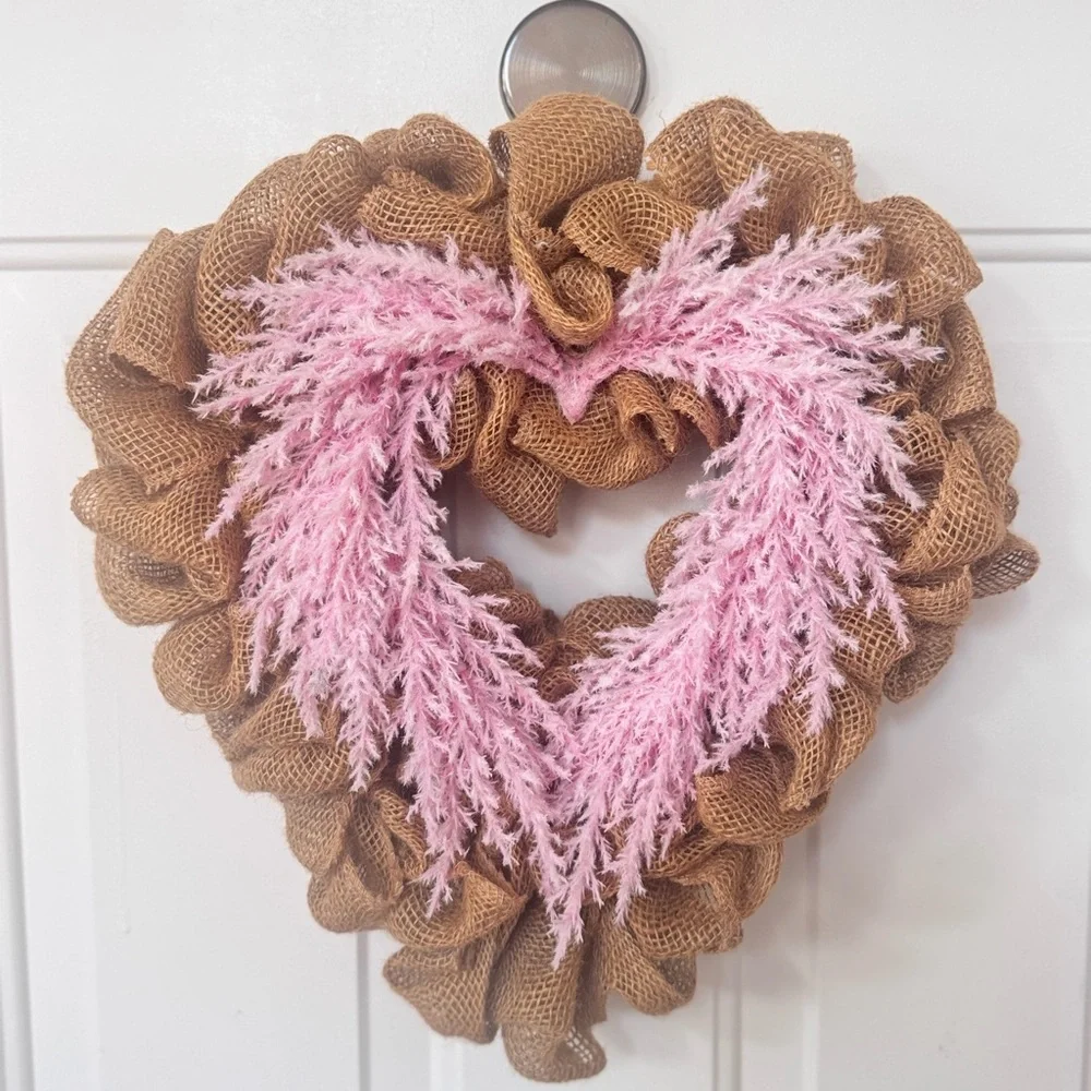 Valentines Heart-Shaped Burlap Wreath with Pink Accents